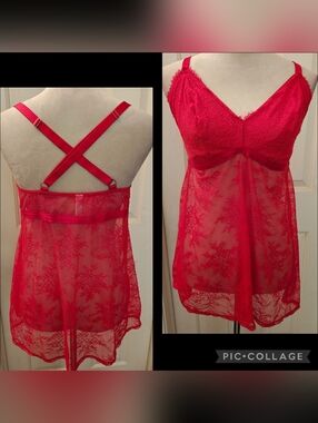 Vintage Plus Size Auden Red Sheer Lace Babydoll Lingerie Slip Dress.
